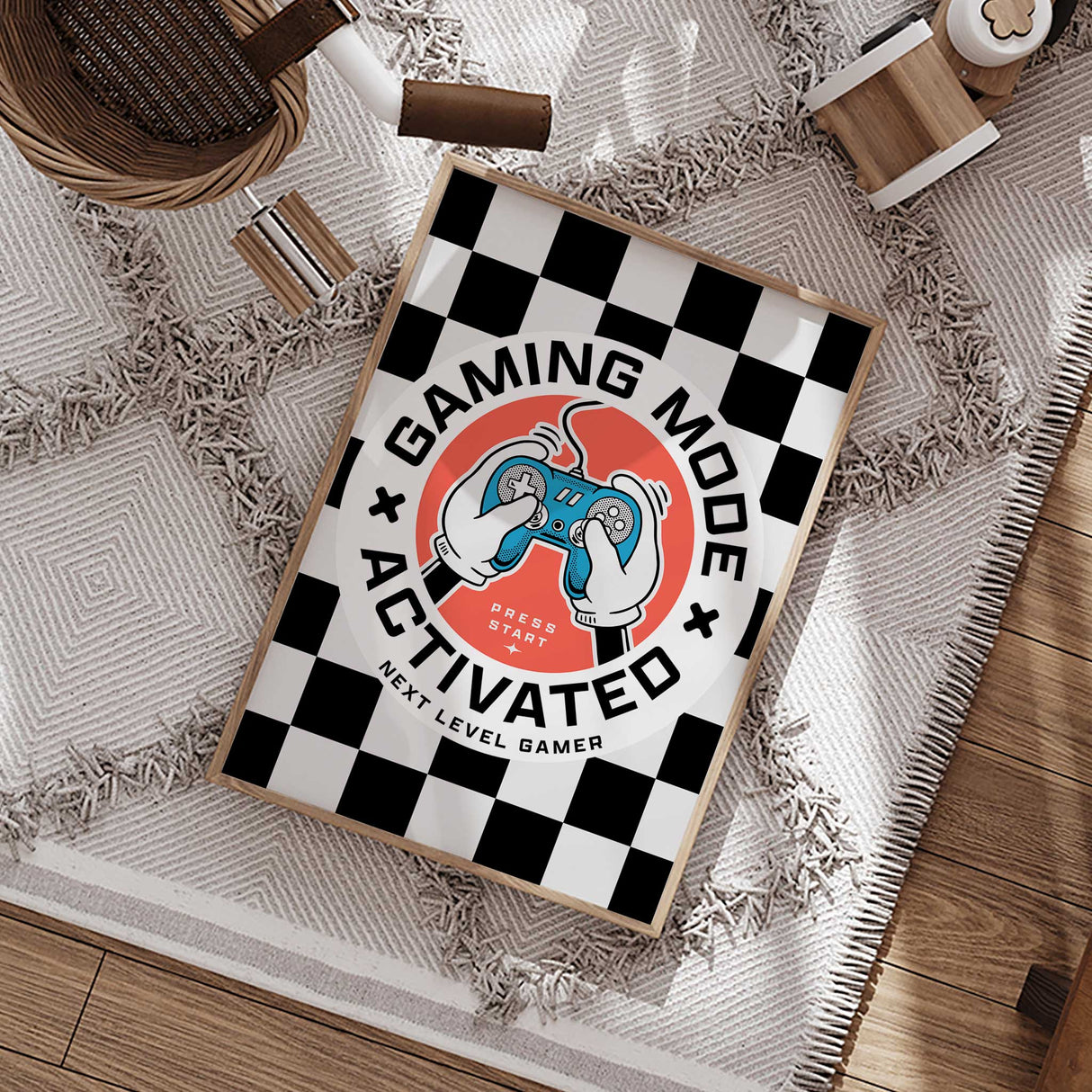 Stylish Gamer Mode On wall print with a retro controller, making it a great addition to any young gamer's bedroom or gaming area.