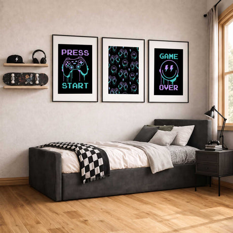 Gaming poster set for a boys bedroom featuring Game Over, controller pattern and Press Start artwork