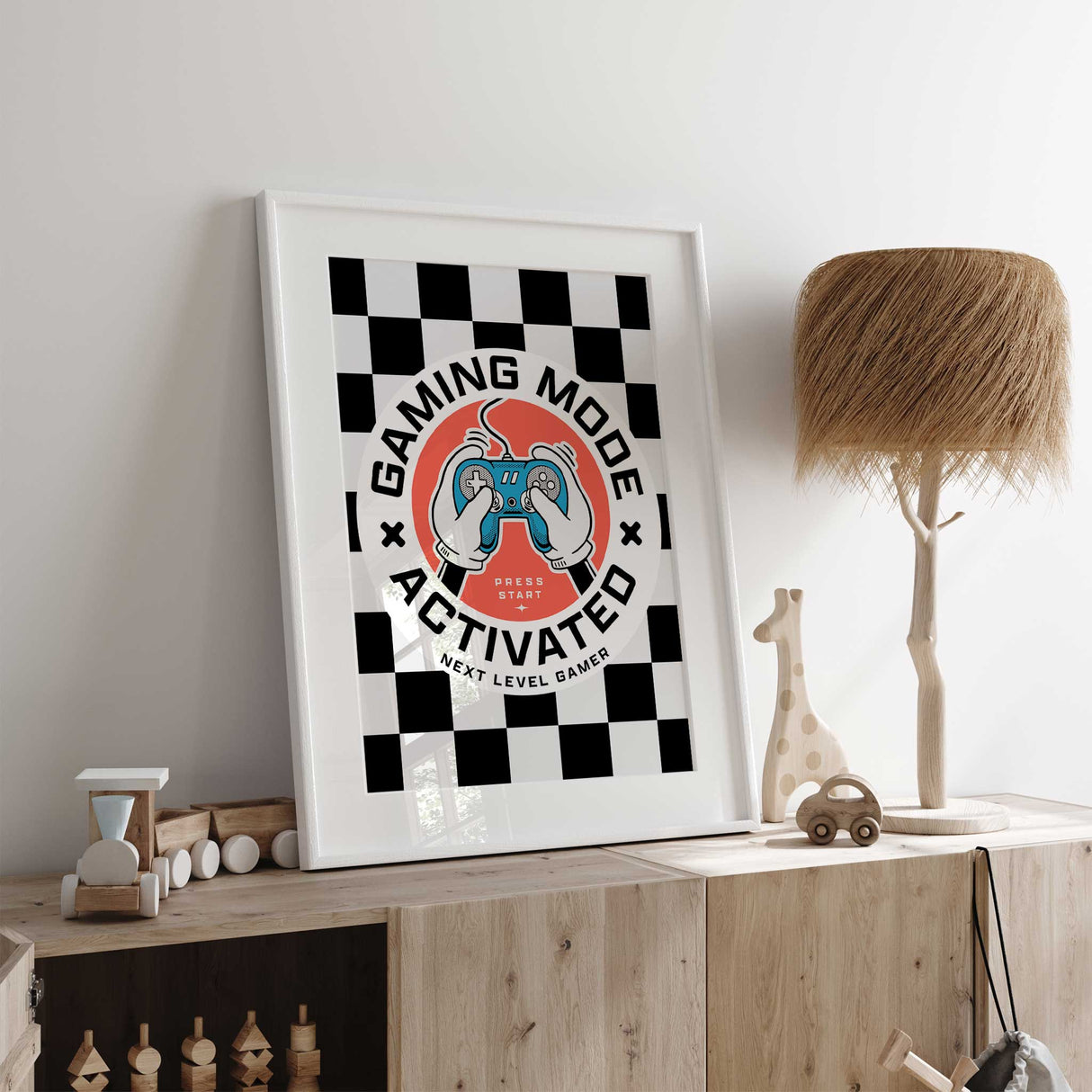 Bright and playful gaming-themed décor for kids'rooms, featuring a fun video game controller and bold text to create the ultimate gaming zone.