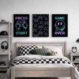 Set of three neon gaming wall art prints with Game Over, controllers, smiley faces and Press Start designs