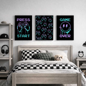 Set of three neon gaming wall art prints with Game Over, controllers, smiley faces and Press Start designs