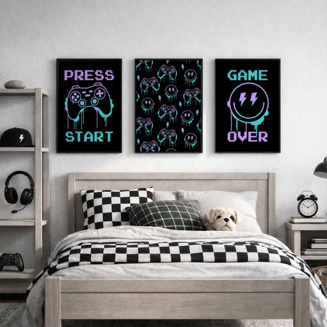 Set of three neon gaming wall art prints with Game Over, controllers, smiley faces and Press Start designs