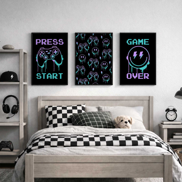 Set of three neon gaming wall art prints with Game Over, controllers, smiley faces and Press Start designs