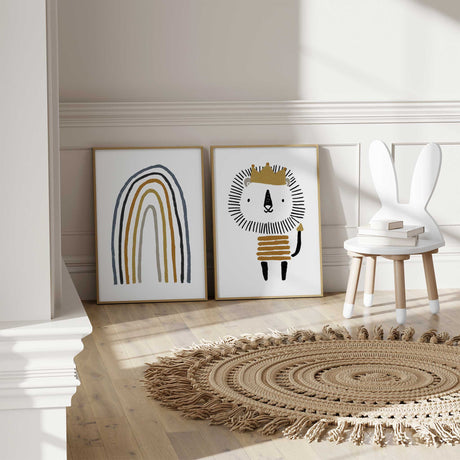 Gender-neutral kids room wall art with lion and rainbow