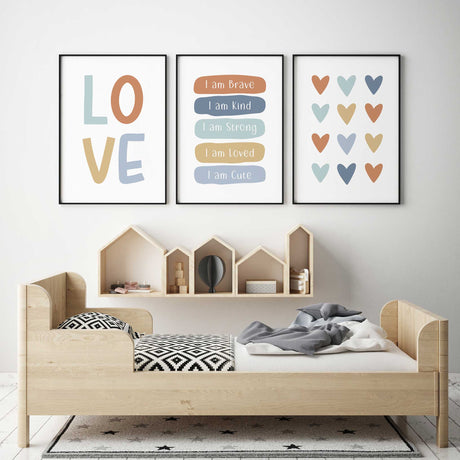 Three coordinating kids prints with a heart pattern, personalised positive affirmations and two-line LOVE typography.