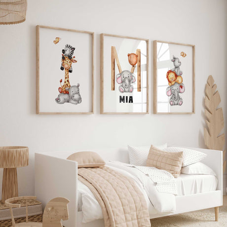 Gender-neutral nursery art with soft tones and adorable baby safari animals