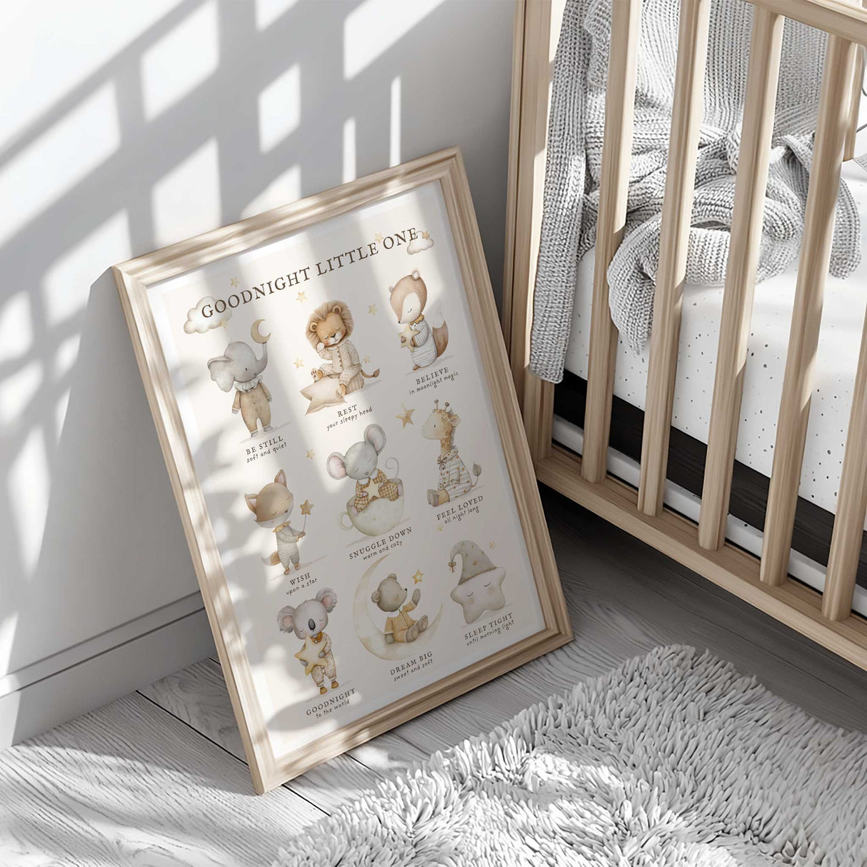 Gender neutral nursery wall art in warm beige tones with sweet animals, moon and stars for boys or girls rooms.