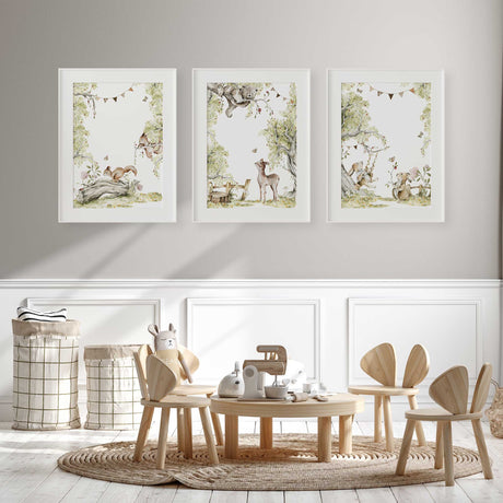 Gender-neutral nursery prints with bear, bunny, and deer illustrations