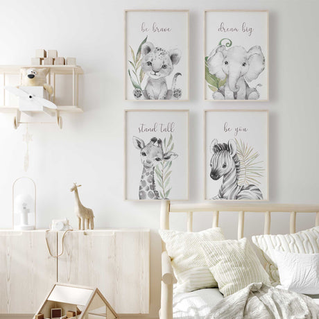 gender-neutral safari animal affirmation wall art in soft grey and green tones