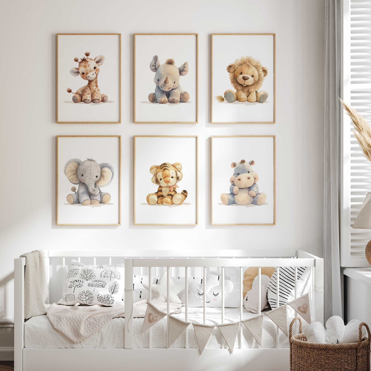 Safari nursery print set featuring giraffe, rhino, lion, elephant, tiger and hippo illustrations in warm muted colours.