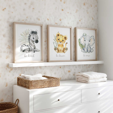 Gender-neutral safari nursery decor with soft neutral tones