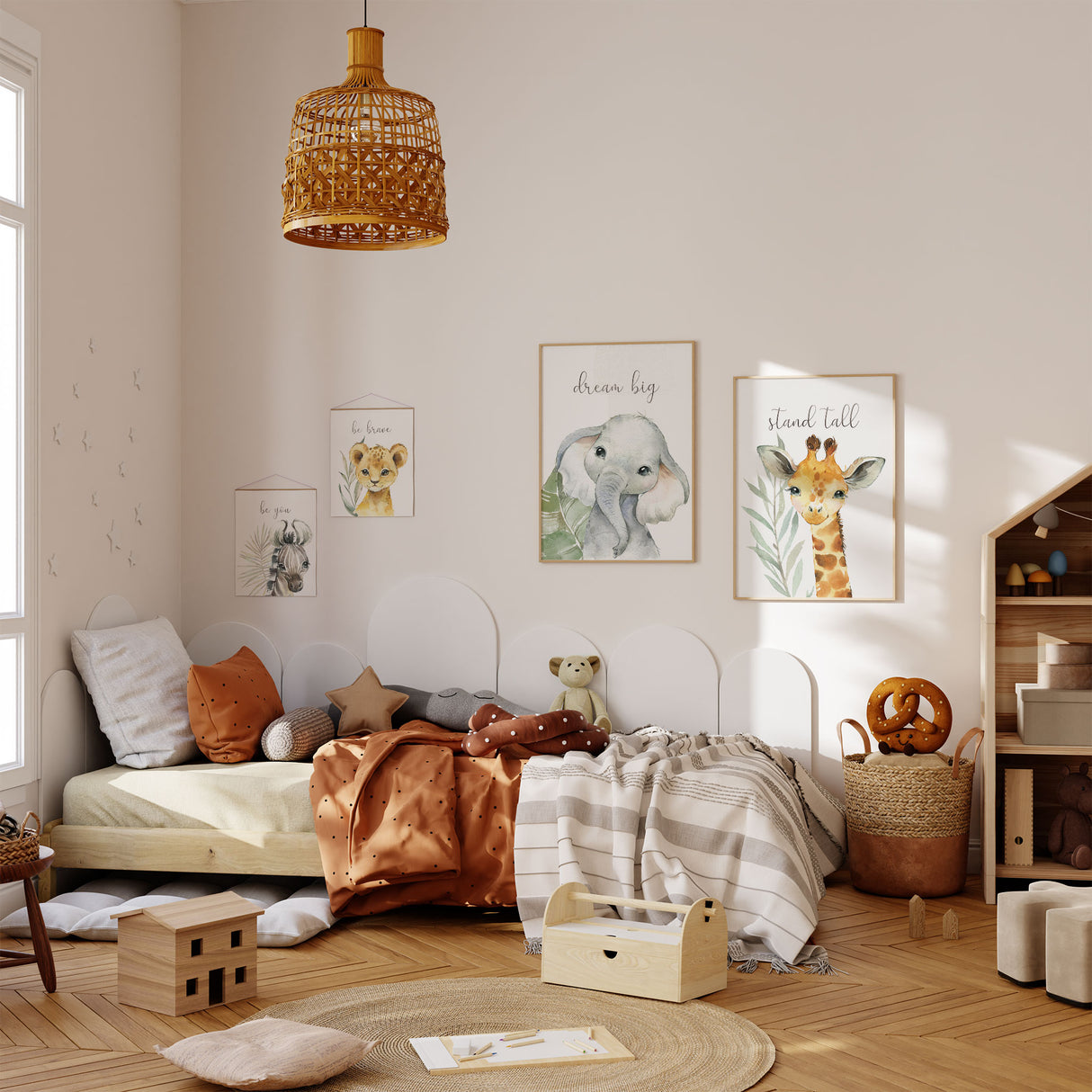 Gender neutral safari nursery wall art set for baby room