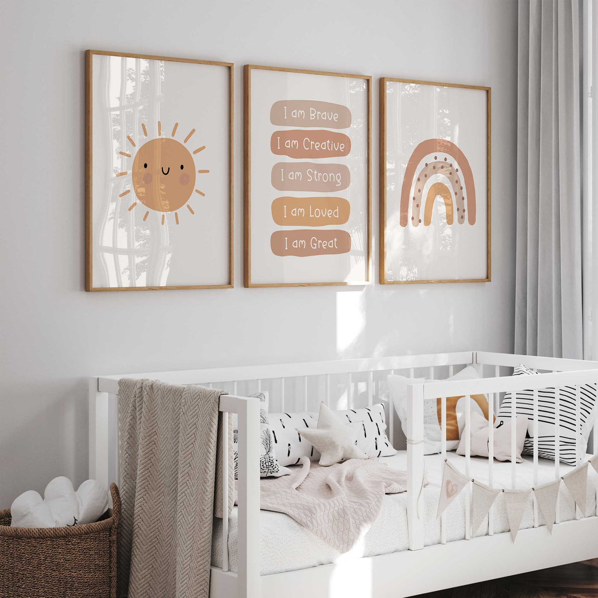 Gender-neutral terracotta print trio with a smiling sun, dotted rainbow and positive statements ending with I am Me.
