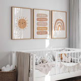 Gender-neutral terracotta print trio with a smiling sun, dotted rainbow and positive statements ending with I am Me.