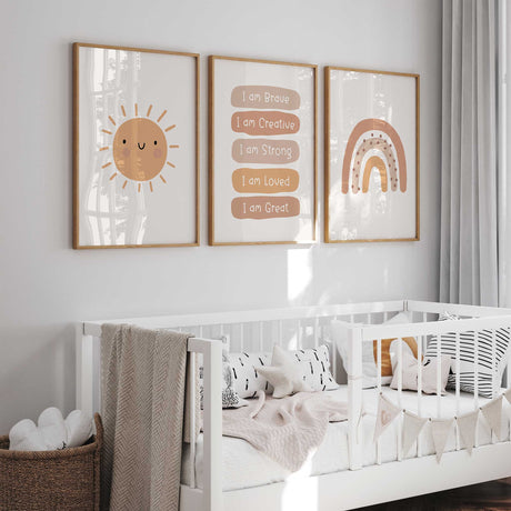 Gender-neutral terracotta print trio with a smiling sun, dotted rainbow and positive statements ending with I am Me.