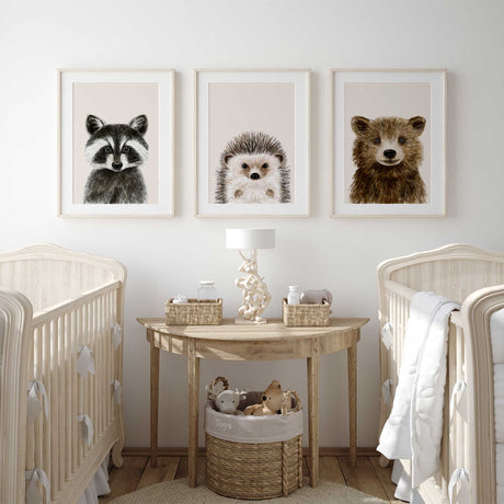 Set of 3 woodland prints for baby room – cute forest animals in earthy colors