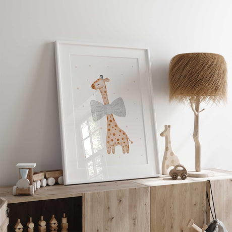 Playful giraffe kids room print with subtle polka dot background