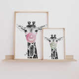 Black and white giraffe print blowing bubble gum illustration for safari themed nursery or girls bedroom