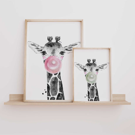 Black and white giraffe print blowing bubble gum illustration for safari themed nursery or girls bedroom