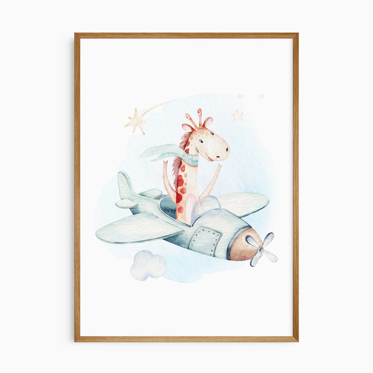 Watercolour giraffe wearing a mint scarf in a mint propeller aeroplane, with a blue wash, cloud and beige stars on white.