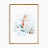Watercolour giraffe wearing a mint scarf in a mint propeller aeroplane, with a blue wash, cloud and beige stars on white.