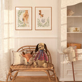 Giraffe nursery print pair with watercolour leaves and Hello Little One wording