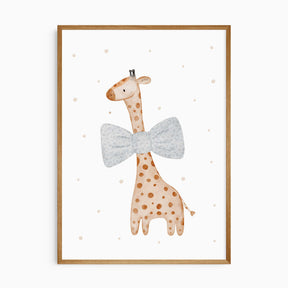 Giraffe nursery wall art with soft blue floral bow tie on white background