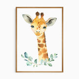 Cute baby giraffe nursery wall art print with soft greenery, perfect for safari-themed kids or baby room décor