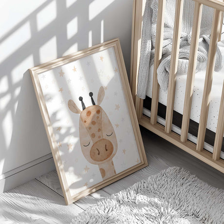 Giraffe nursery wall art print featuring a sweet safari animal with closed eyes and soft neutral star details