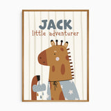 Giraffe wall print personalised with a child’s name, little adventurer wording and soft striped safari styling.