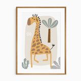 Giraffe nursery wall art with palm tree safari illustration