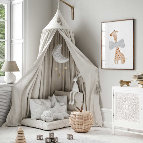 Whimsical giraffe illustration wall print with soft blue tones for boys nursery