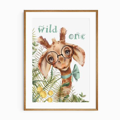 Cute and quirky "Wild One" print featuring a giraffe in round glasses, a bowtie, and tropical leaves, perfect for brightening any child’s space.