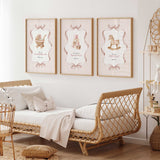 Girl nursery decor Christian wall art set in soft pink tones with vintage-inspired baby toy illustrations