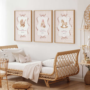 Girl nursery decor Christian wall art set in soft pink tones with vintage-inspired baby toy illustrations