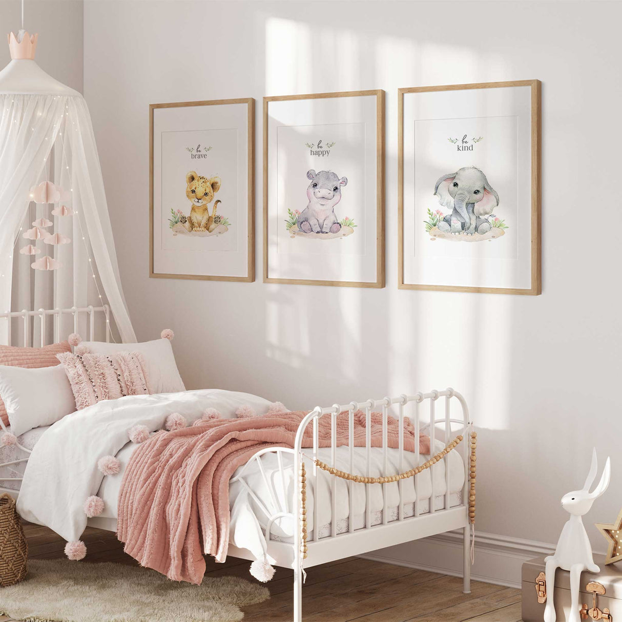 Girl safari nursery decor wall art in soft neutral and blush tones