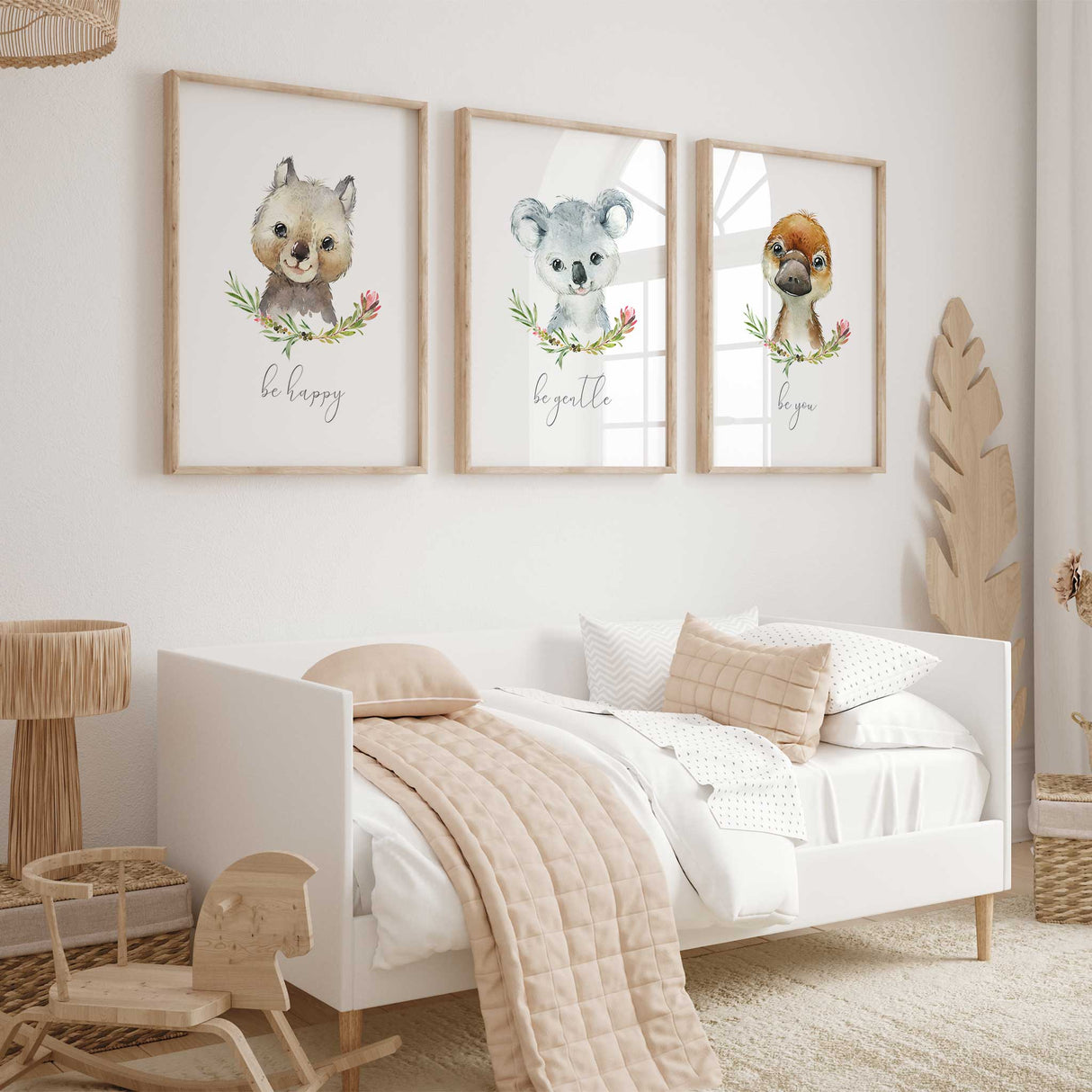 Set of three girls Australian animal wall art prints featuring quokka platypus and koala