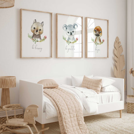 Set of three girls Australian animal wall art prints featuring quokka platypus and koala