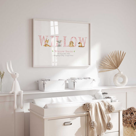 Australian birth details print with native animals arranged throughout the child’s personalised pink name