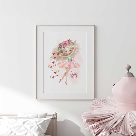 Girls ballet wall art print featuring a graceful ballerina illustration