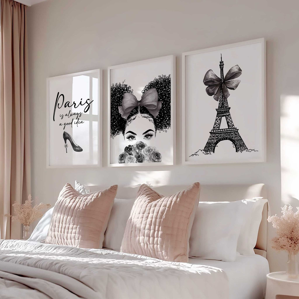Three coordinating black and grey fashion prints showing a girl with curly buns, Paris lettering and a bow on the Eiffel Tower.