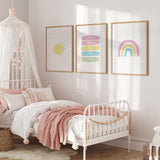 Set of three pastel girls bedroom prints with a yellow sun, personalised affirmations and rainbow