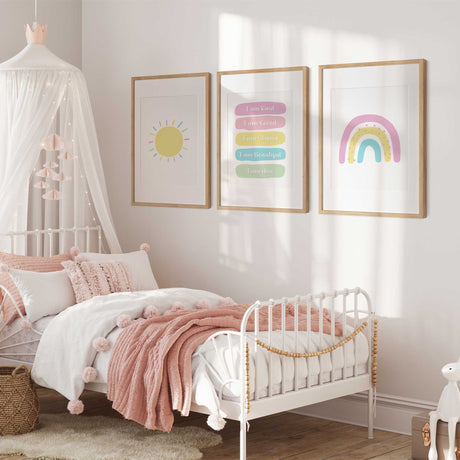 Set of three pastel girls bedroom prints with a yellow sun, personalised affirmations and rainbow