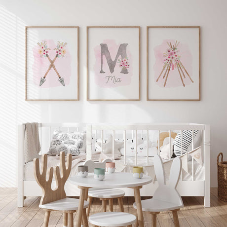 Girls bedroom wall art set of 3 with pink floral boho prints and personalised name design