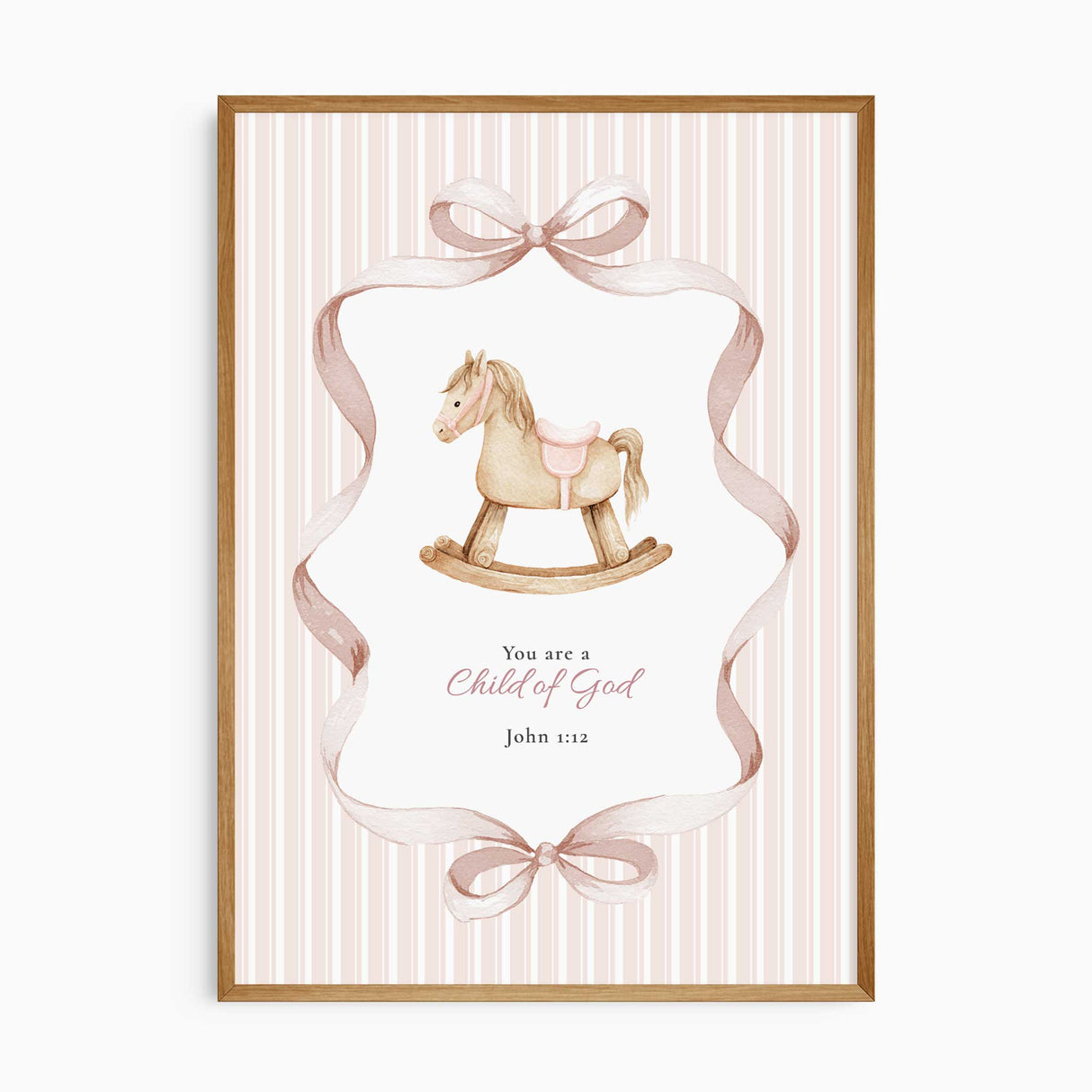 Three coordinating Bible verse prints for a girls room with pink stripes, ribbon borders and vintage nursery toys