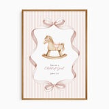 Three coordinating Bible verse prints for a girls room with pink stripes, ribbon borders and vintage nursery toys