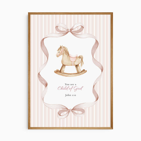 Three coordinating Bible verse prints for a girls room with pink stripes, ribbon borders and vintage nursery toys