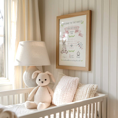 Personalised girls birth announcement print with pink banner, bunny illustration, calendar layout and custom baby details for nursery wall art.
