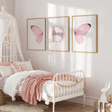 Girls butterfly nursery wall art set in soft blush pink tones