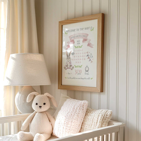 Personalised pink calendar birth print showing a watercolour bunny and the baby’s name, date, weight and time